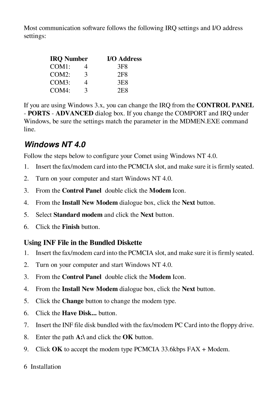 ZyXEL Communications Comet 336P user manual Windows NT, IRQ Number Address 