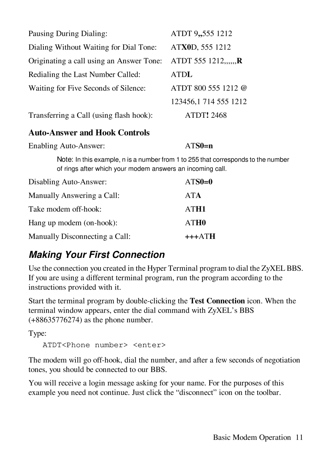 ZyXEL Communications Comet 336P Making Your First Connection, Auto-Answer and Hook Controls, ATS0=n, ATS0=0, +++Ath 