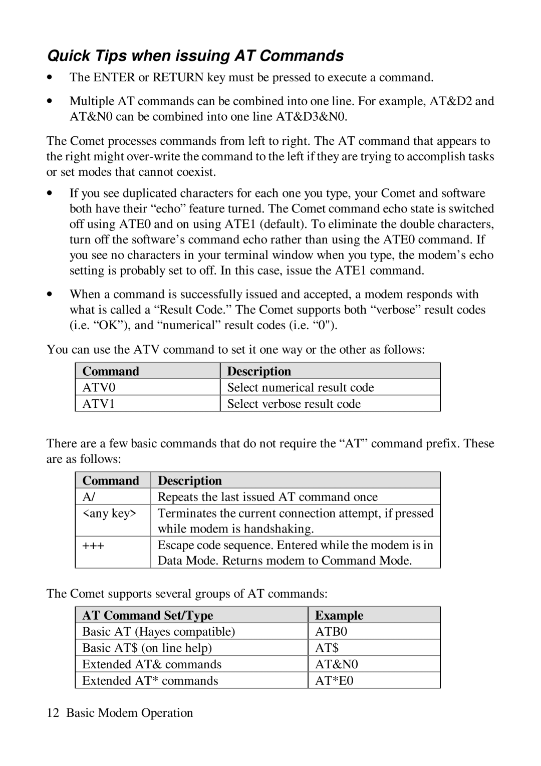 ZyXEL Communications Comet 336P Quick Tips when issuing AT Commands, Command Description, AT Command Set/Type Example 