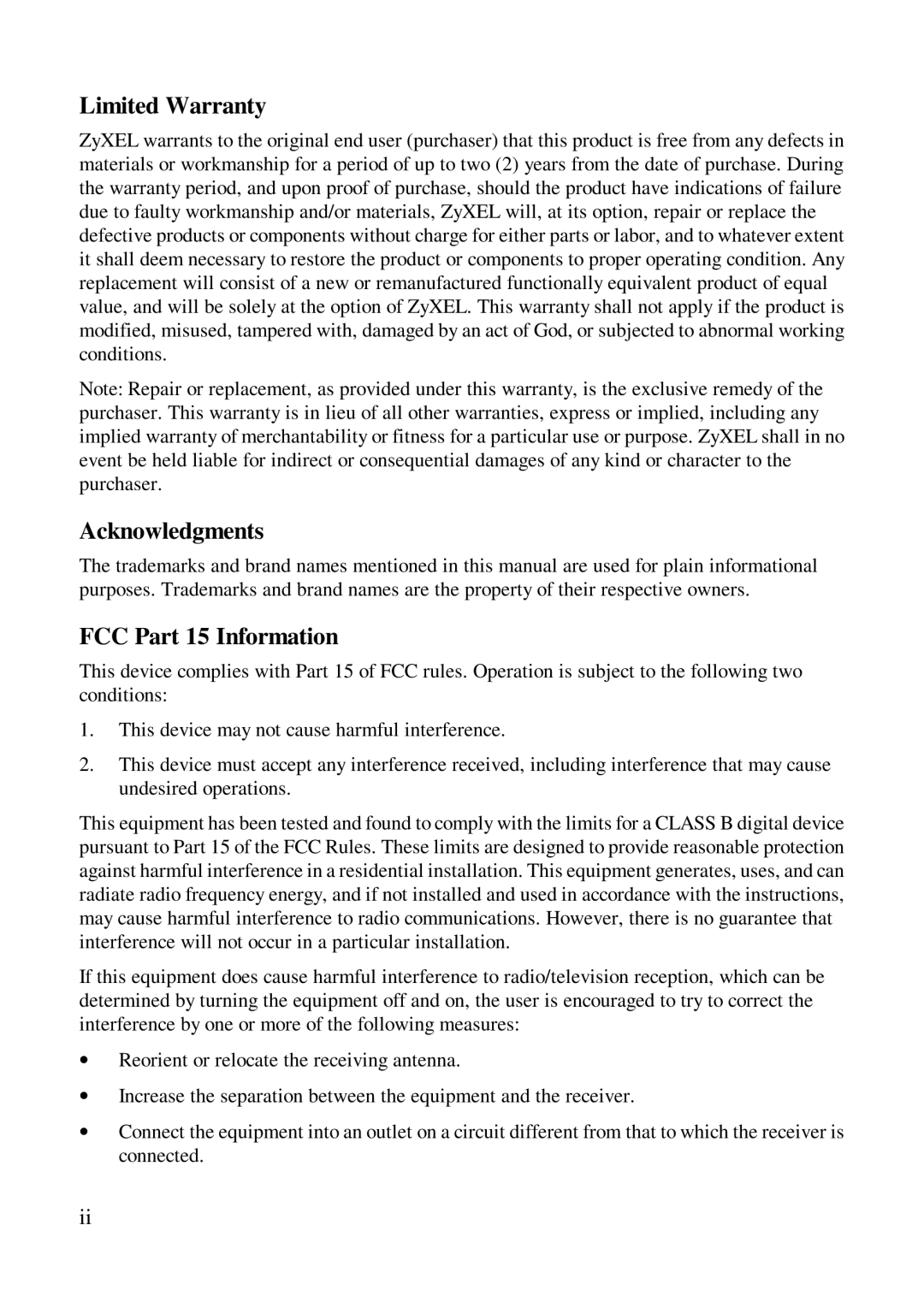 ZyXEL Communications Comet 336P user manual Limited Warranty, Acknowledgments, FCC Part 15 Information 