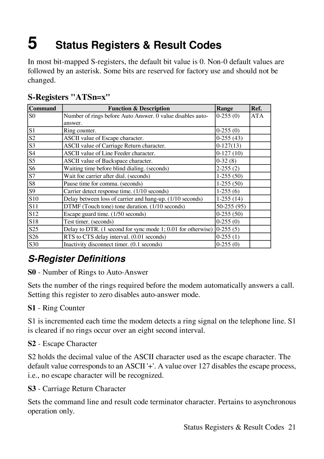 ZyXEL Communications Comet 336P user manual Status Registers & Result Codes, Register Definitions, Registers ATSn=x 