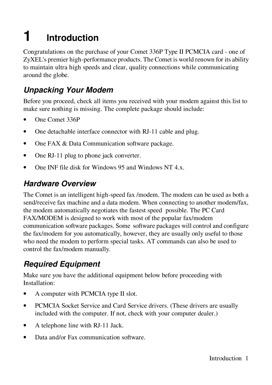 ZyXEL Communications Comet 336P user manual Introduction, Unpacking Your Modem, Hardware Overview, Required Equipment 