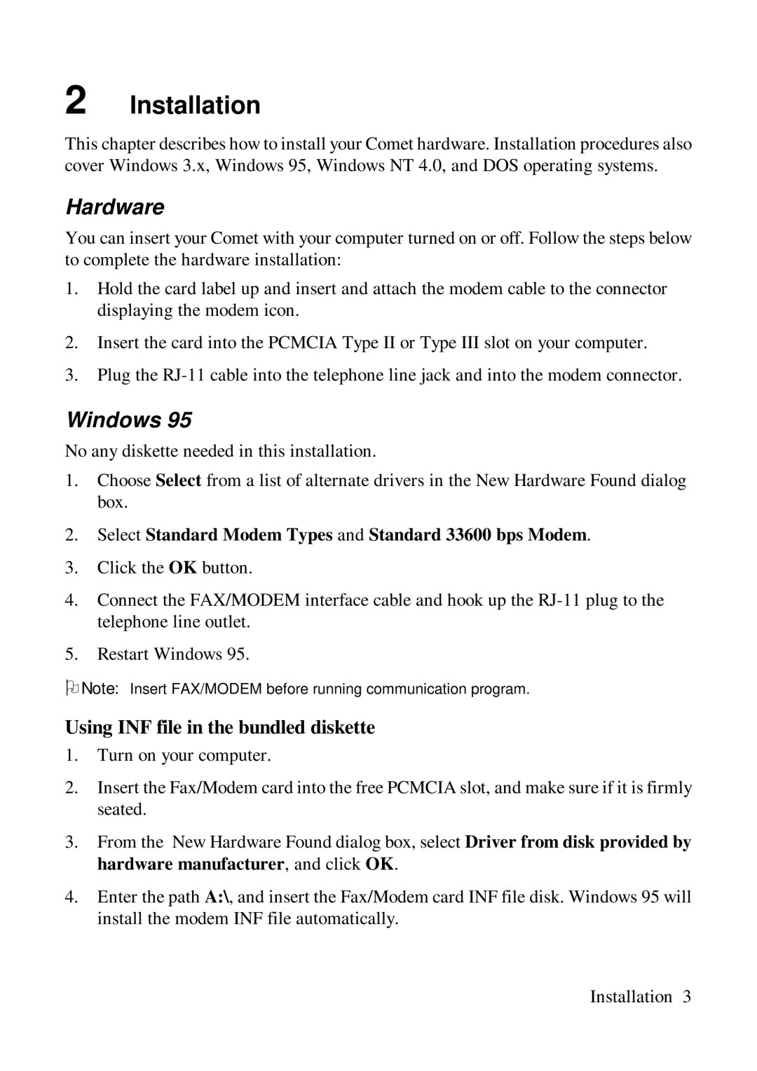 ZyXEL Communications Comet 336P user manual Installation, Hardware, Windows, Using INF file in the bundled diskette 