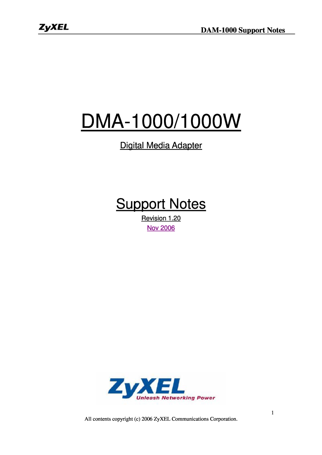 ZyXEL Communications DMA-1000W manual DAM-1000 Support Notes, DMA-1000/1000W, Digital Media Adapter, Revision 