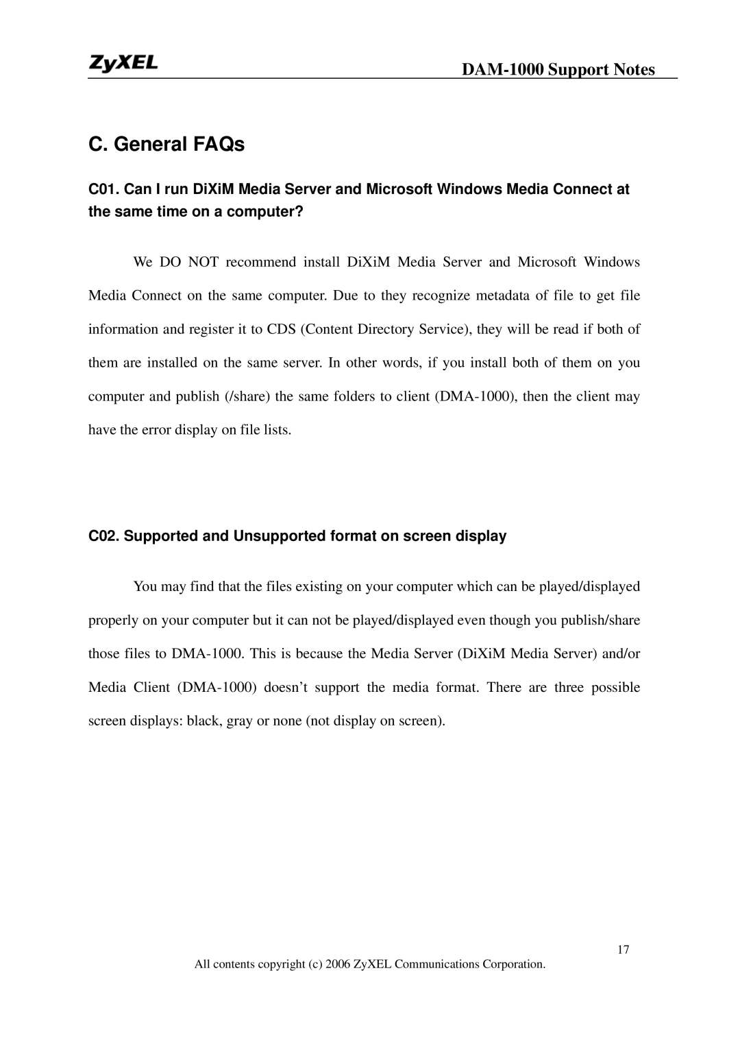 ZyXEL Communications DMA-1000W manual General FAQs, C02. Supported and Unsupported format on screen display 