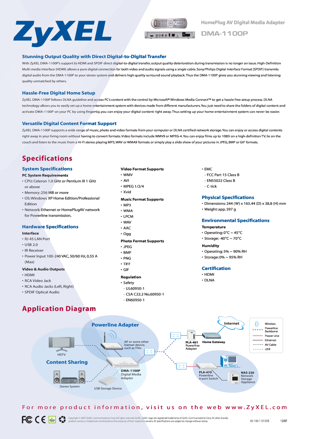 ZyXEL Communications DMA-1100P Application Diagram, Hassle-Free Digital Home Setup, System Specifications, Interface 