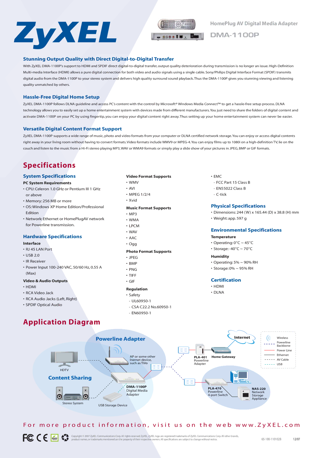 ZyXEL Communications DMA-1100P manual Specifications, Application Diagram 