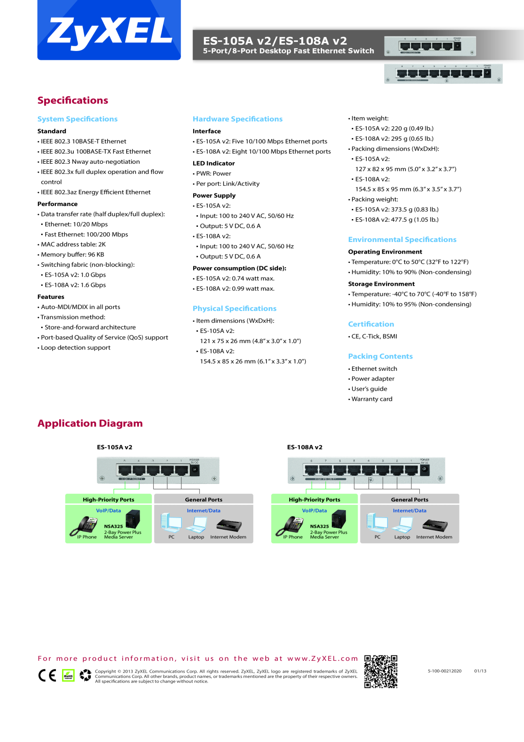 ZyXEL Communications ES-105A v2/ES-108A manual Application Diagram, System Specifications, Hardware Specifications 