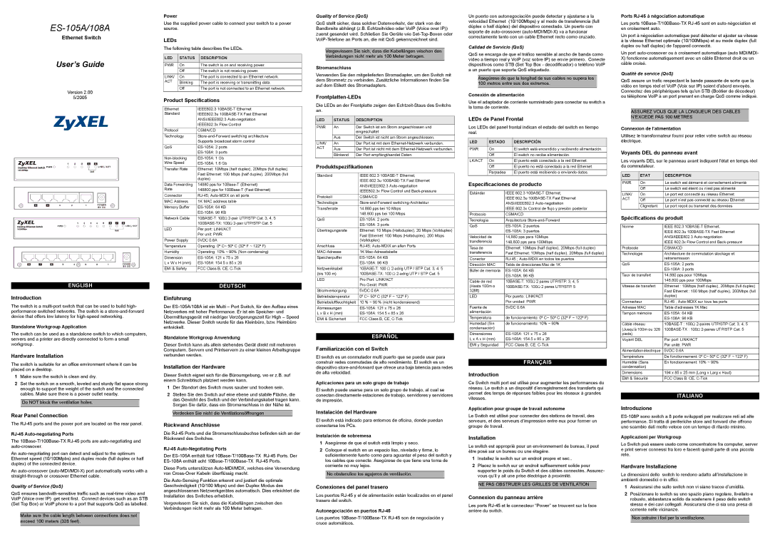 ZyXEL Communications ES-105A/108A specifications Ethernet Switch, Introduction, Hardware Installation, LEDs, Einführung 