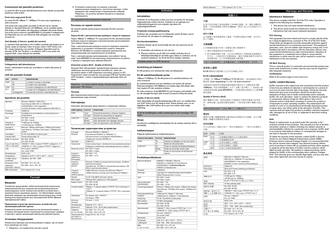 ZyXEL Communications ES-108A Connessioni del pannello posteriore, LED del pannello frontale, Specifiche del prodotto 