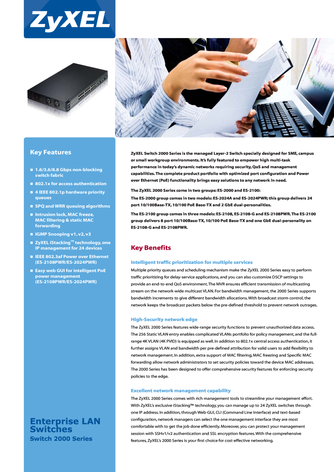 ZyXEL Communications ES-1024B, ES-2000 manual Key Benefits, Enterprise LAN Switches, Key Features, Switch 2000 Series 