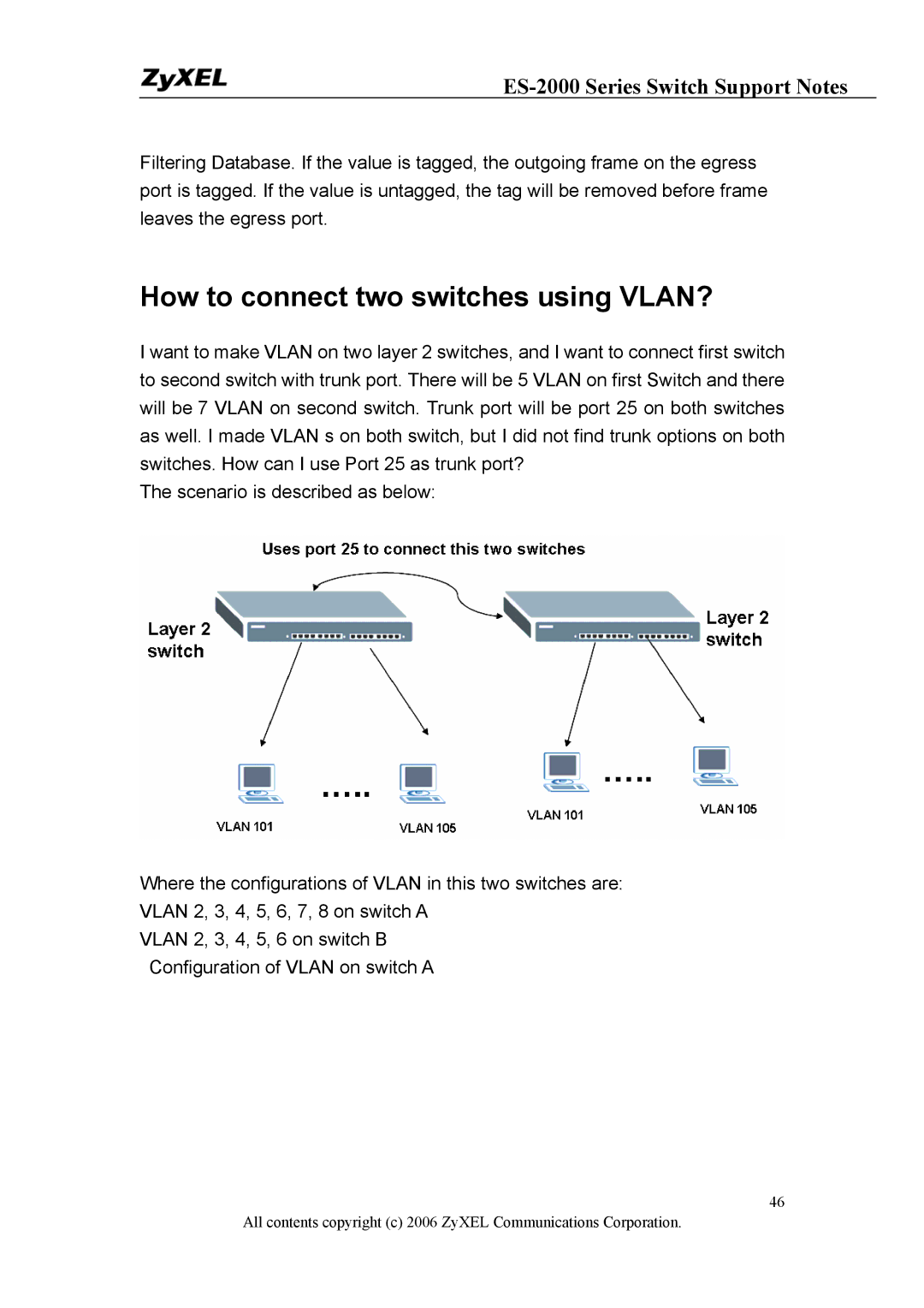 ZyXEL Communications ES-2024PWR, ES-2048, ES-2024A manual How to connect two switches using VLAN? 