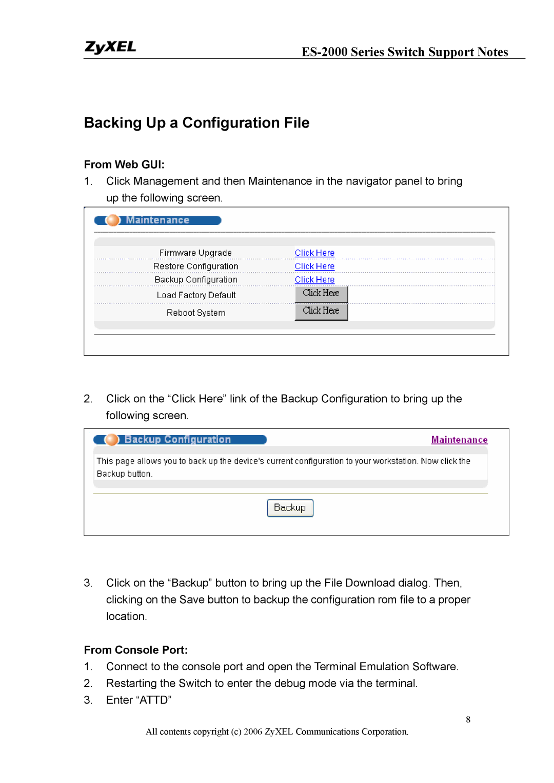 ZyXEL Communications ES-2024A, ES-2048, ES-2024PWR manual Backing Up a Configuration File 