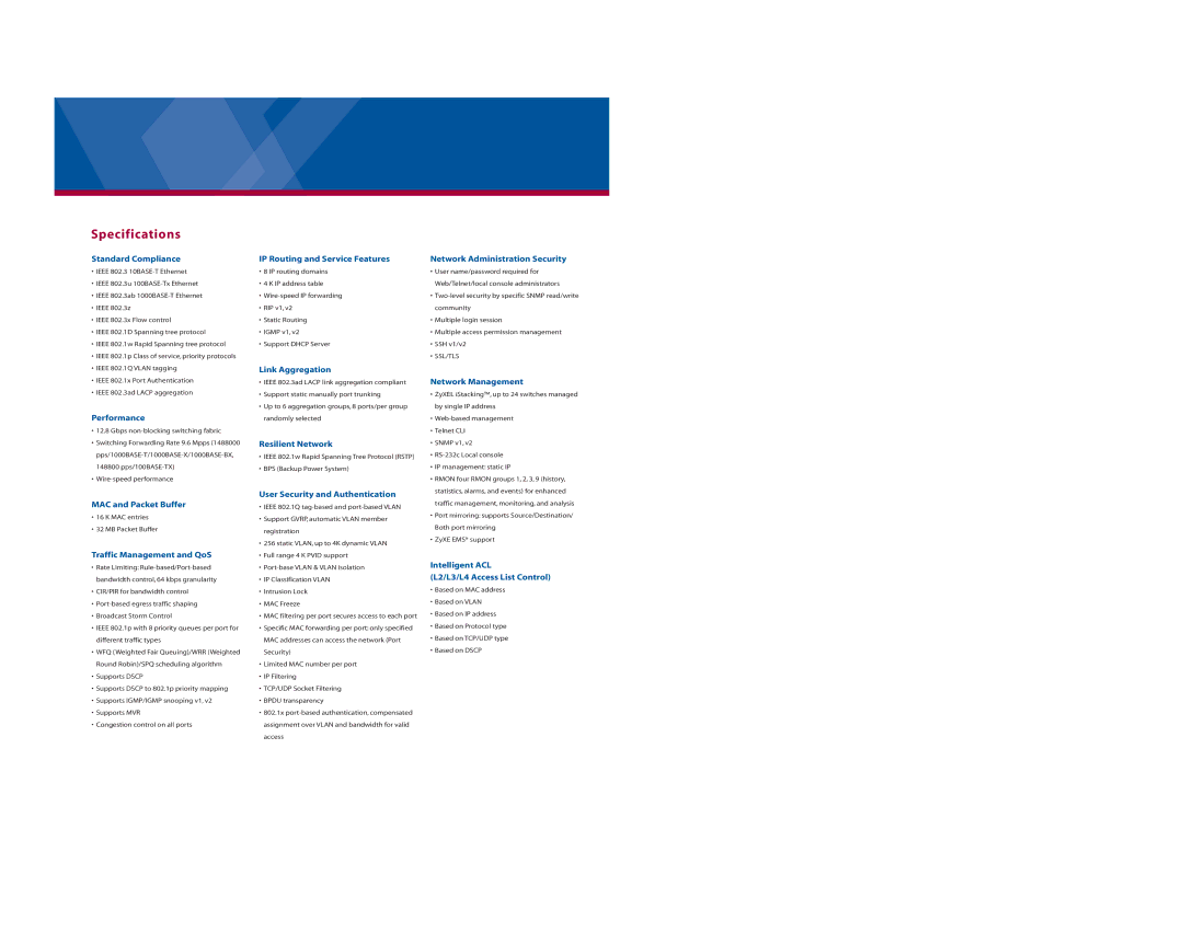 ZyXEL Communications ES-2724 manual Specifications 