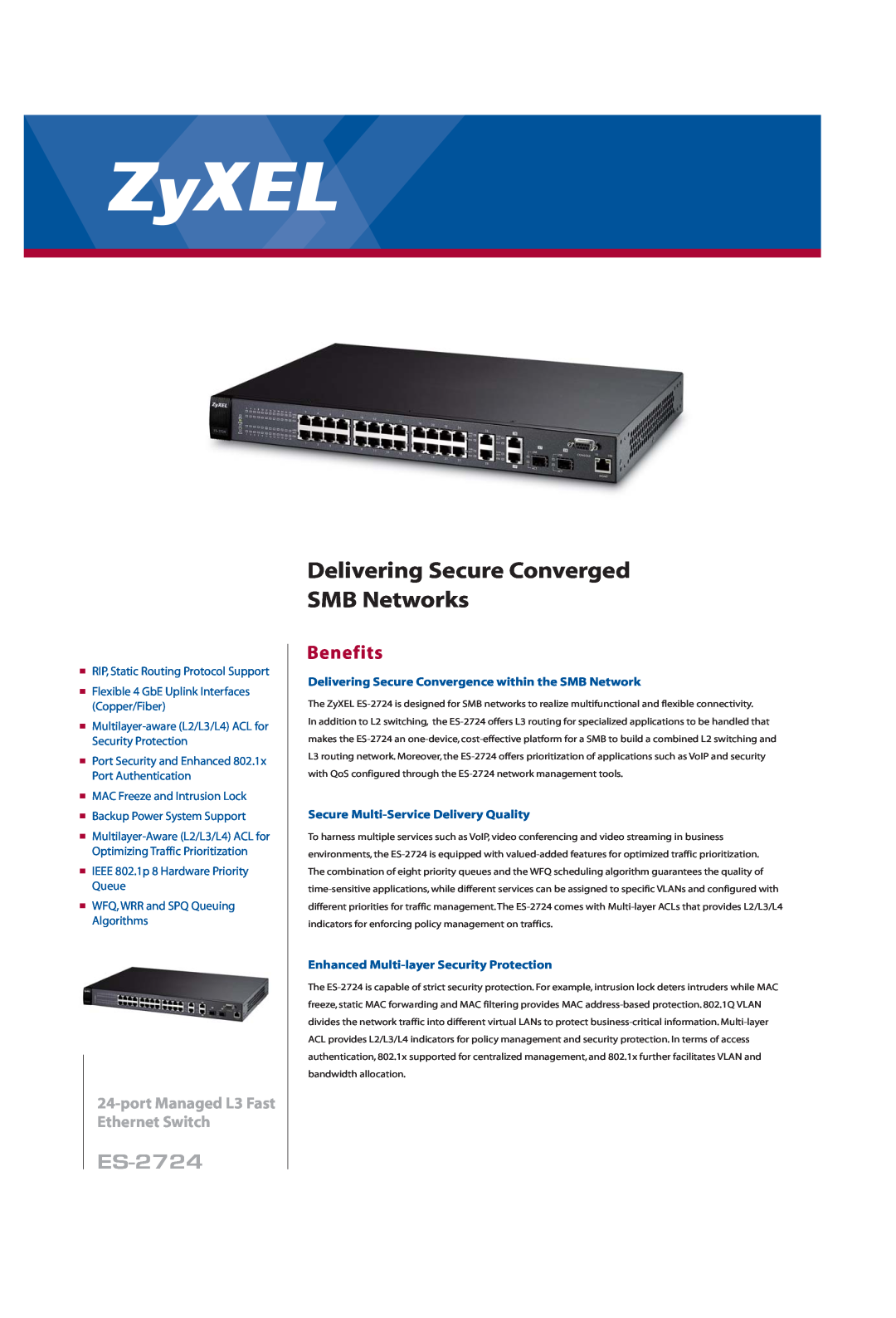 ZyXEL Communications ES-2724 manual Benefits, Delivering Secure Convergence within the SMB Network 