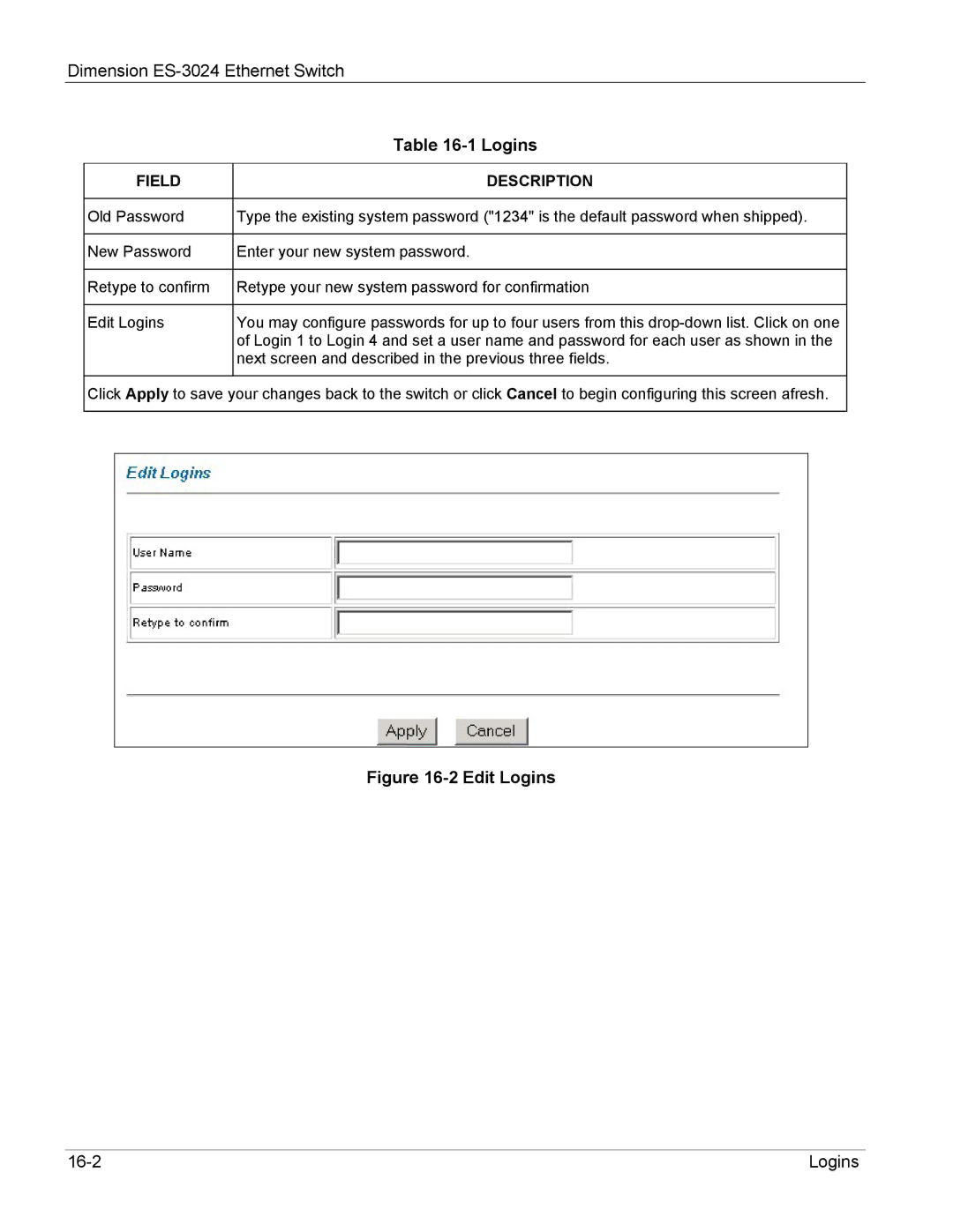 ZyXEL Communications ES-3024 manual Edit Logins 