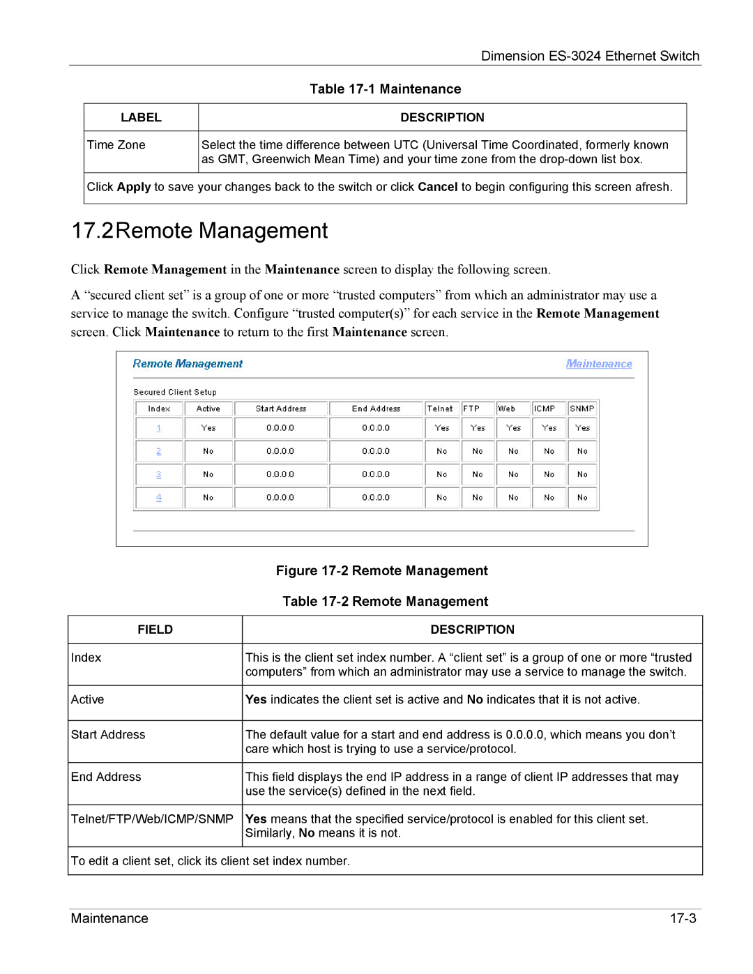 ZyXEL Communications ES-3024 manual 17.2Remote Management 