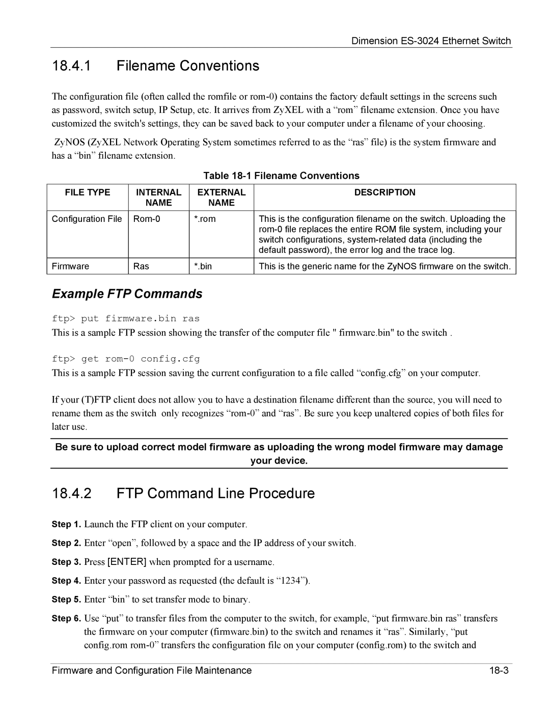 ZyXEL Communications ES-3024 manual Filename Conventions, FTP Command Line Procedure 