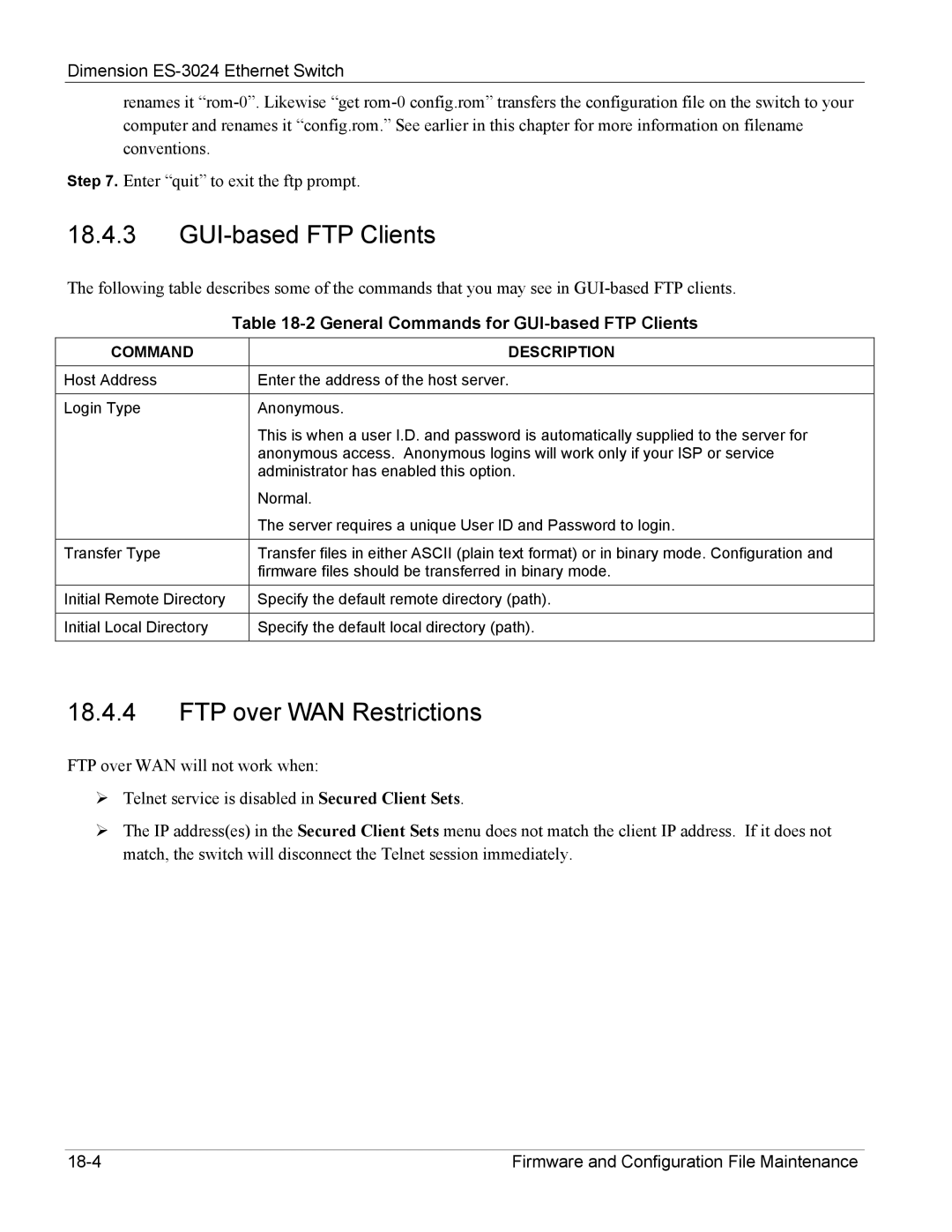 ZyXEL Communications ES-3024 manual FTP over WAN Restrictions, General Commands for GUI-based FTP Clients 