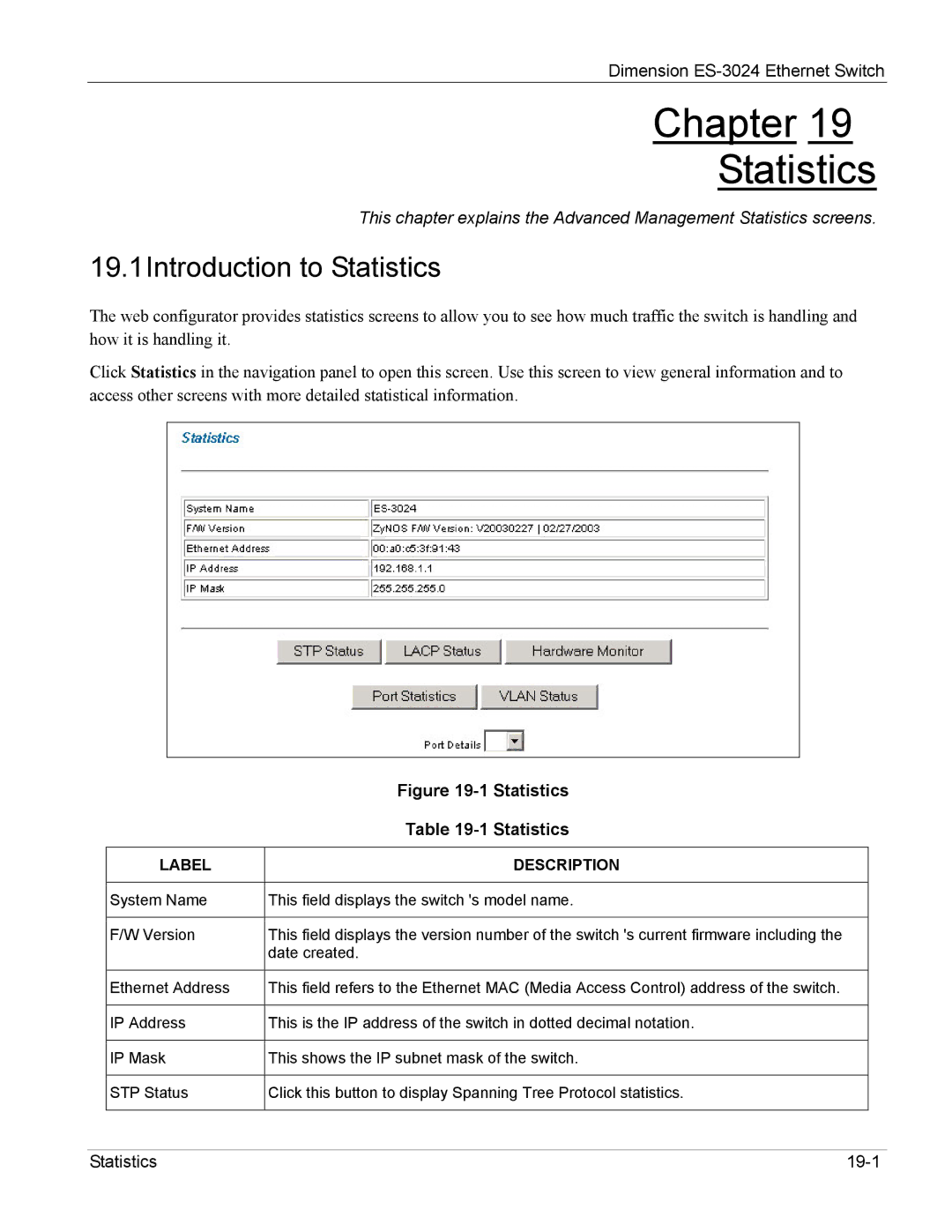 ZyXEL Communications ES-3024 manual Chapter Statistics, 19.1Introduction to Statistics 