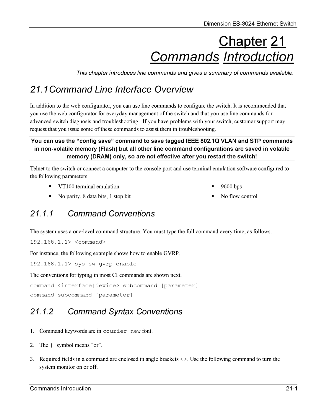 ZyXEL Communications ES-3024 manual Commands Introduction 