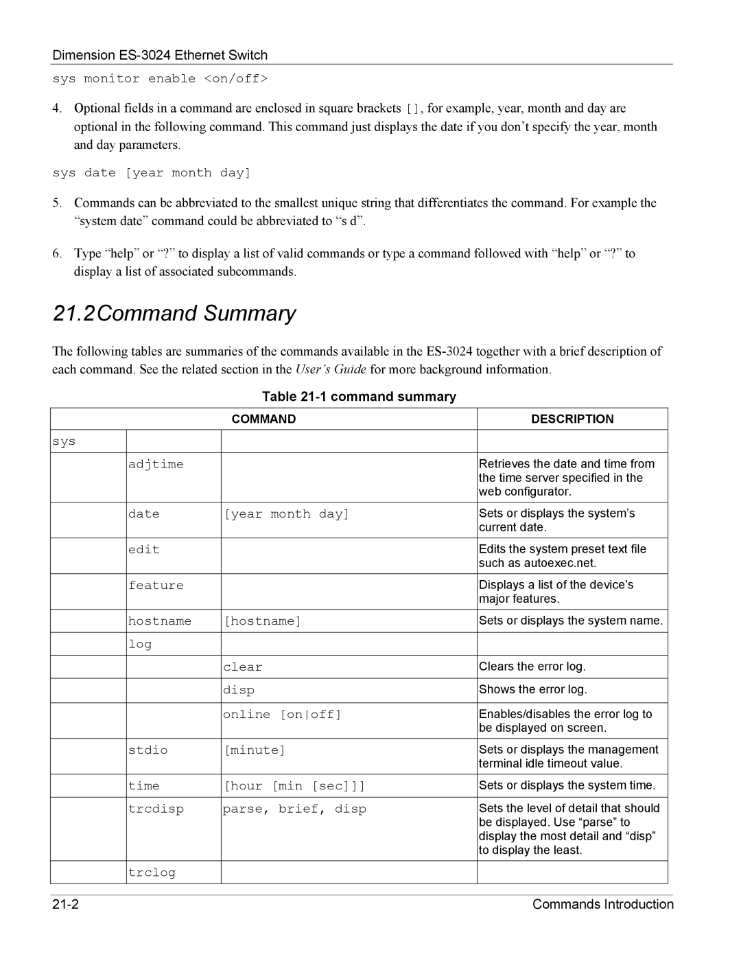 ZyXEL Communications ES-3024 manual 21.2Command Summary, Command summary 