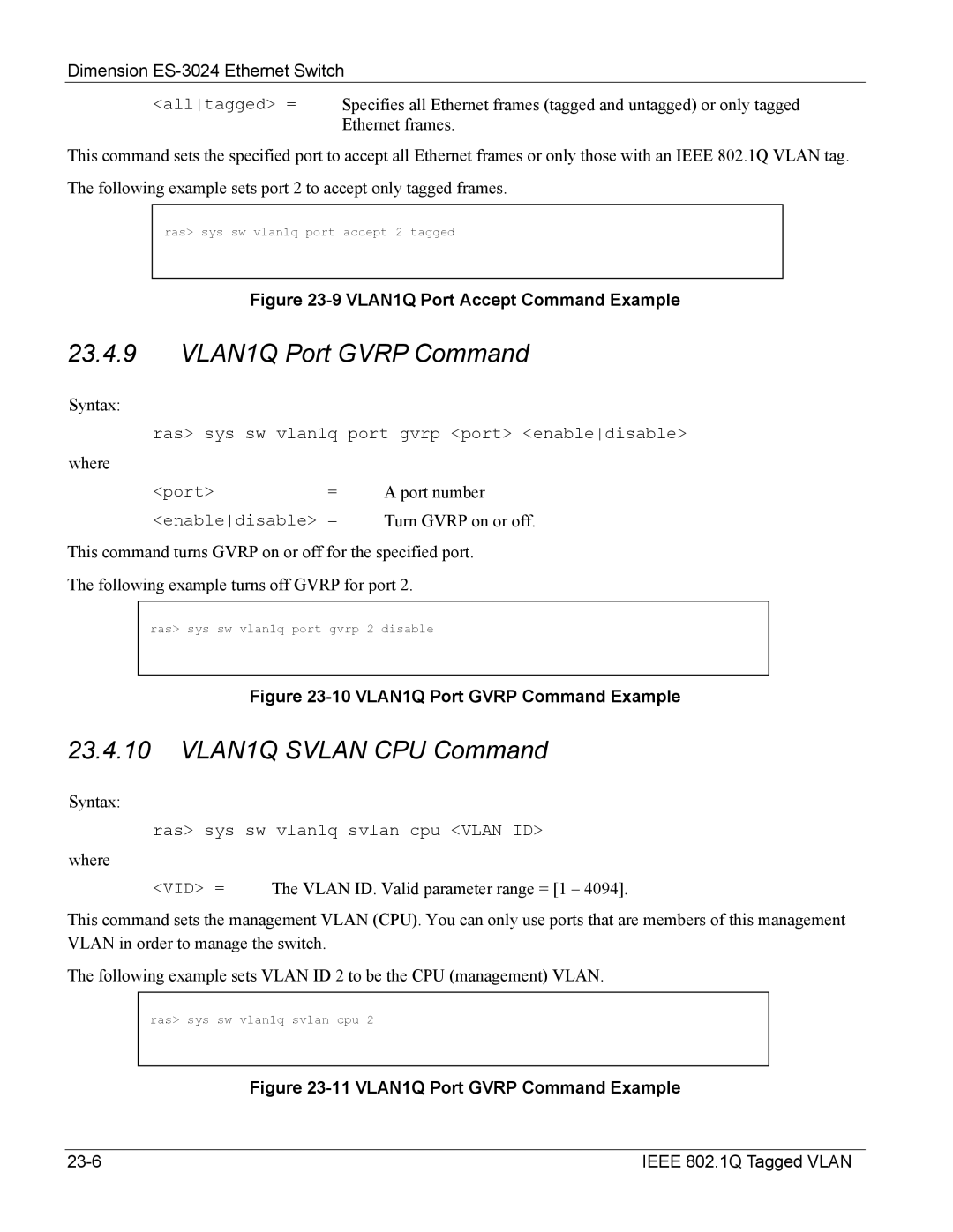 ZyXEL Communications ES-3024 manual VLAN1Q Port Gvrp Command 