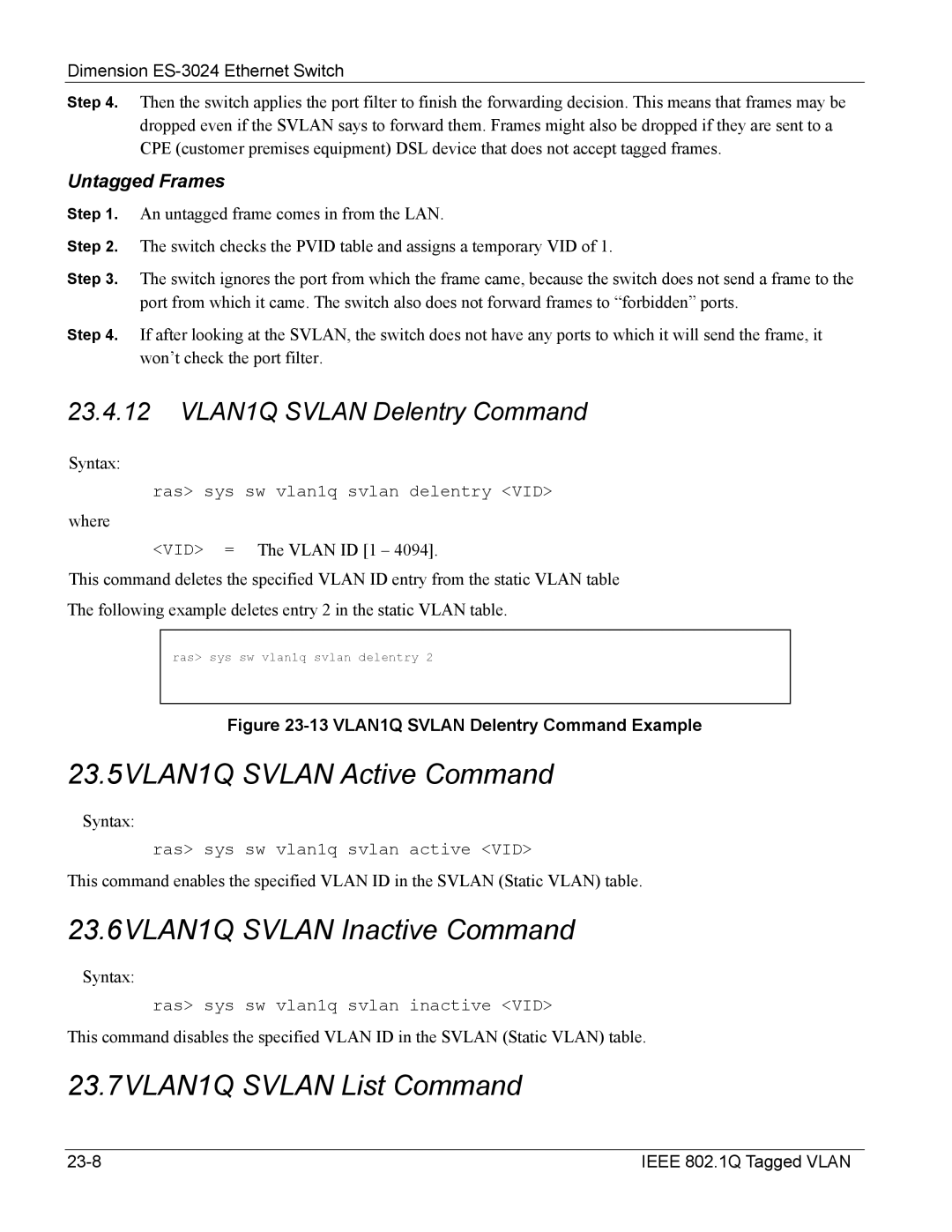 ZyXEL Communications ES-3024 manual 23.5VLAN1Q Svlan Active Command 