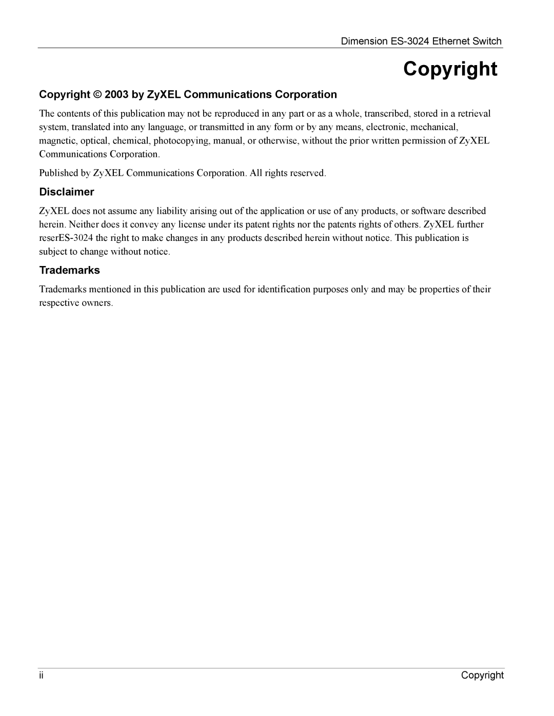 ZyXEL Communications ES-3024 manual Copyright 