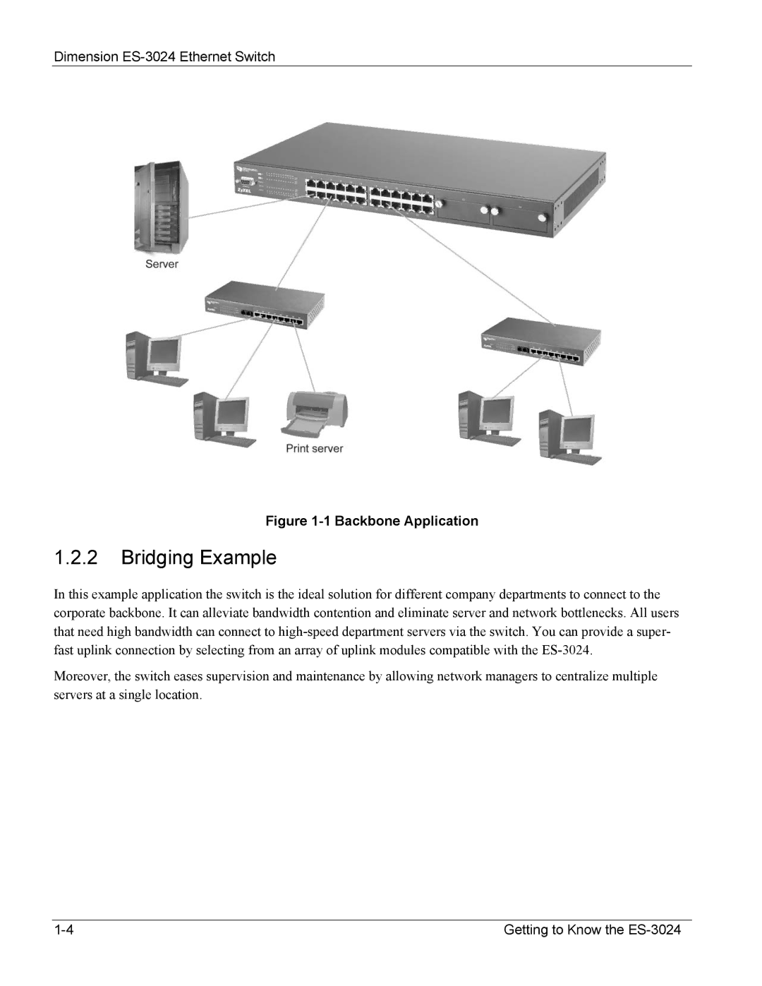 ZyXEL Communications ES-3024 manual Bridging Example, Backbone Application 