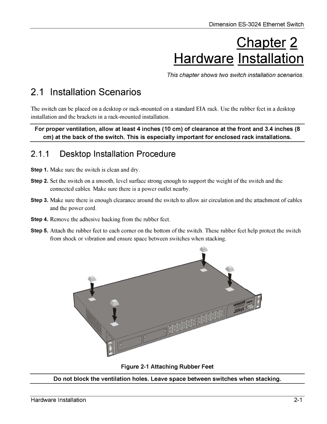 ZyXEL Communications ES-3024 manual Chapter Hardware Installation, Installation Scenarios, Desktop Installation Procedure 