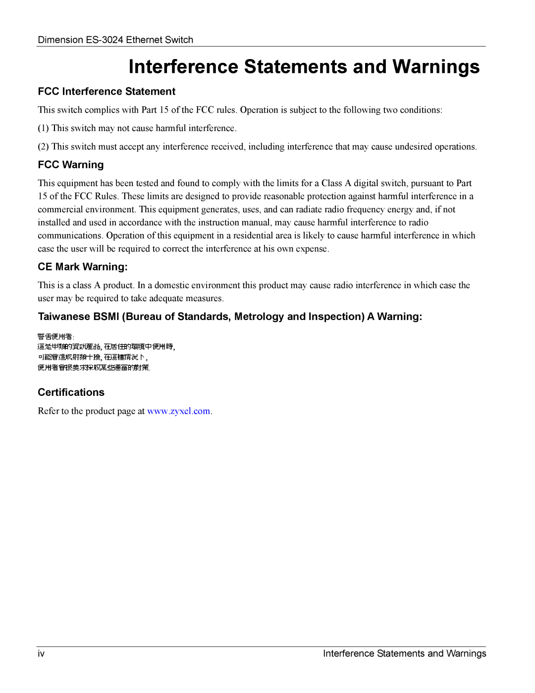 ZyXEL Communications ES-3024 manual Interference Statements and Warnings 