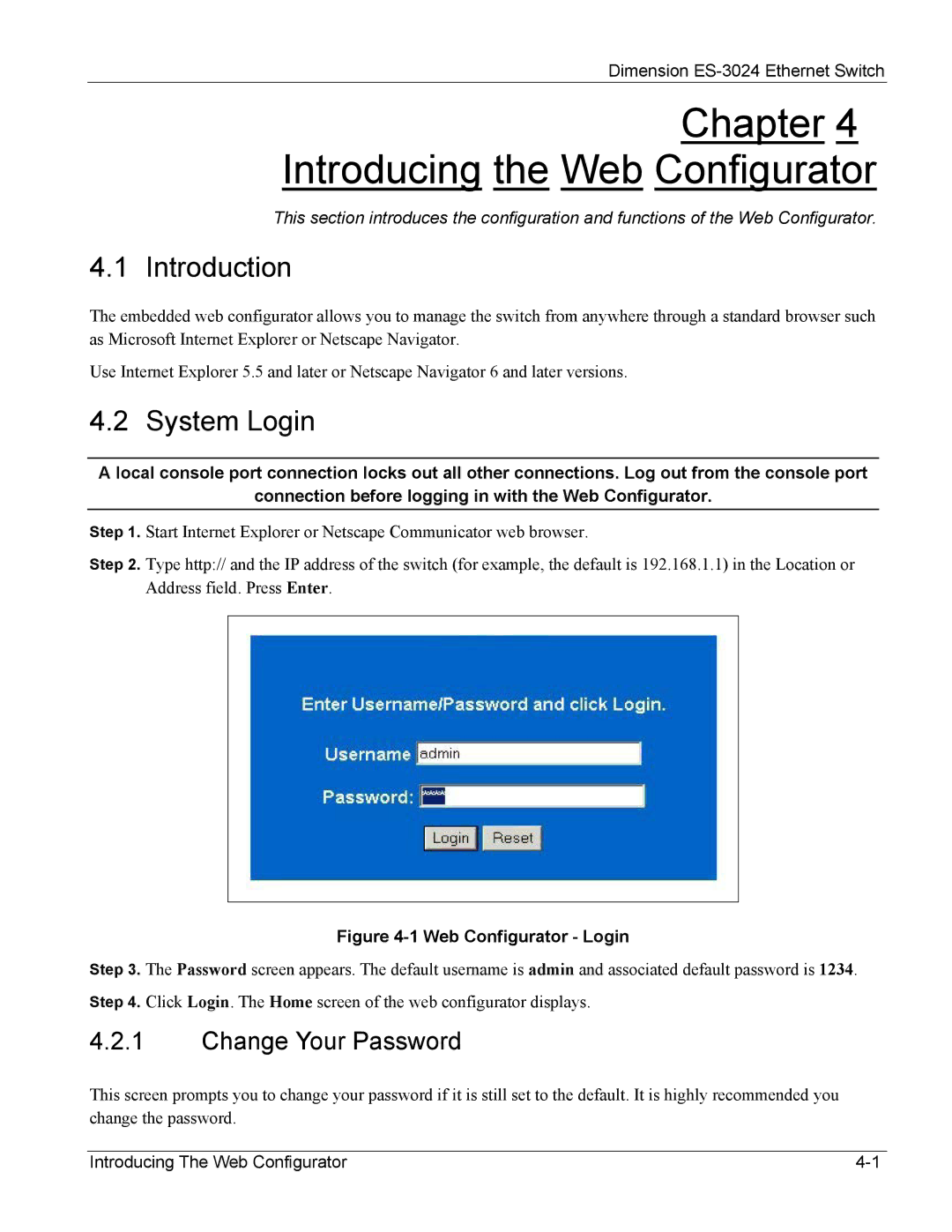 ZyXEL Communications ES-3024 Chapter Introducing the Web Configurator, Introduction, System Login, Change Your Password 