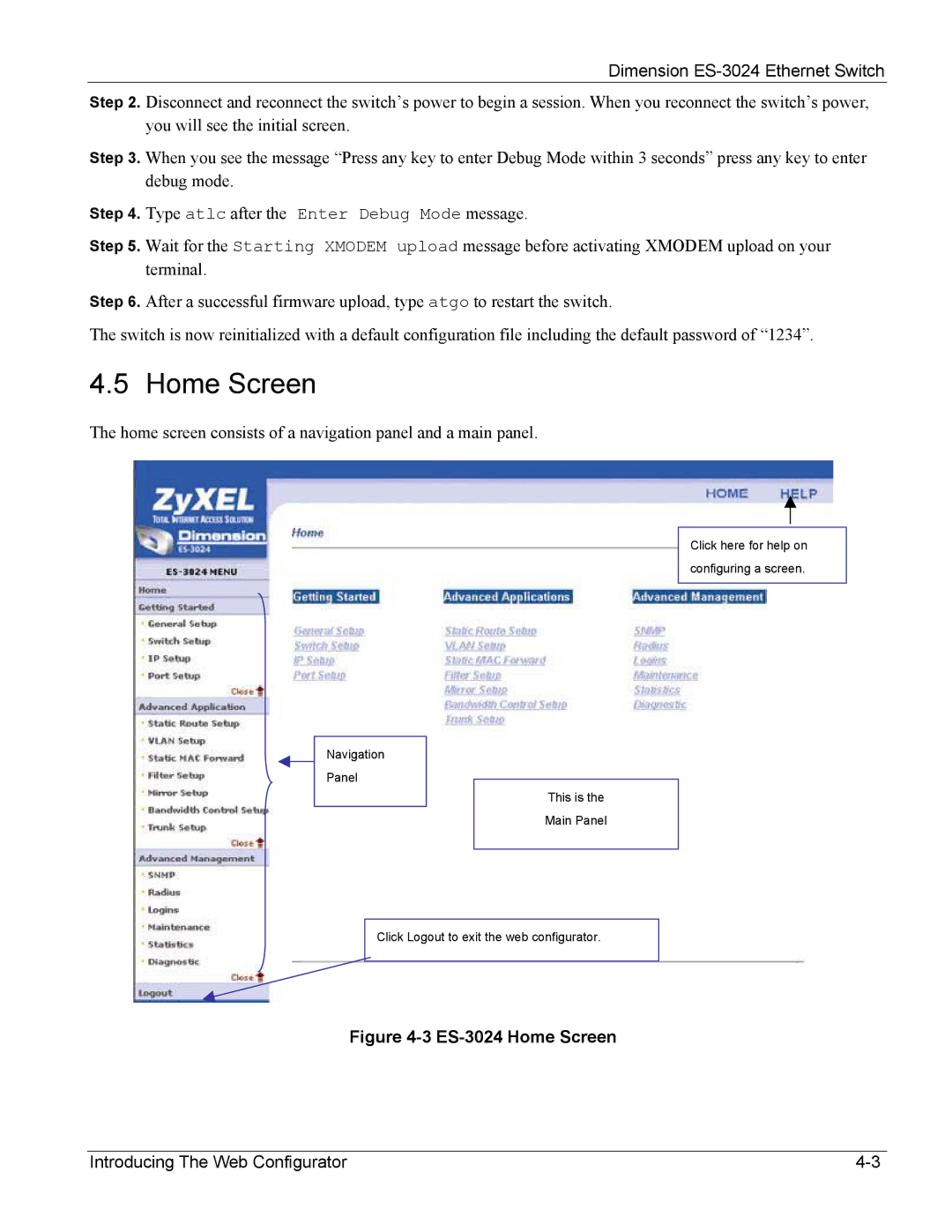 ZyXEL Communications manual ES-3024 Home Screen 