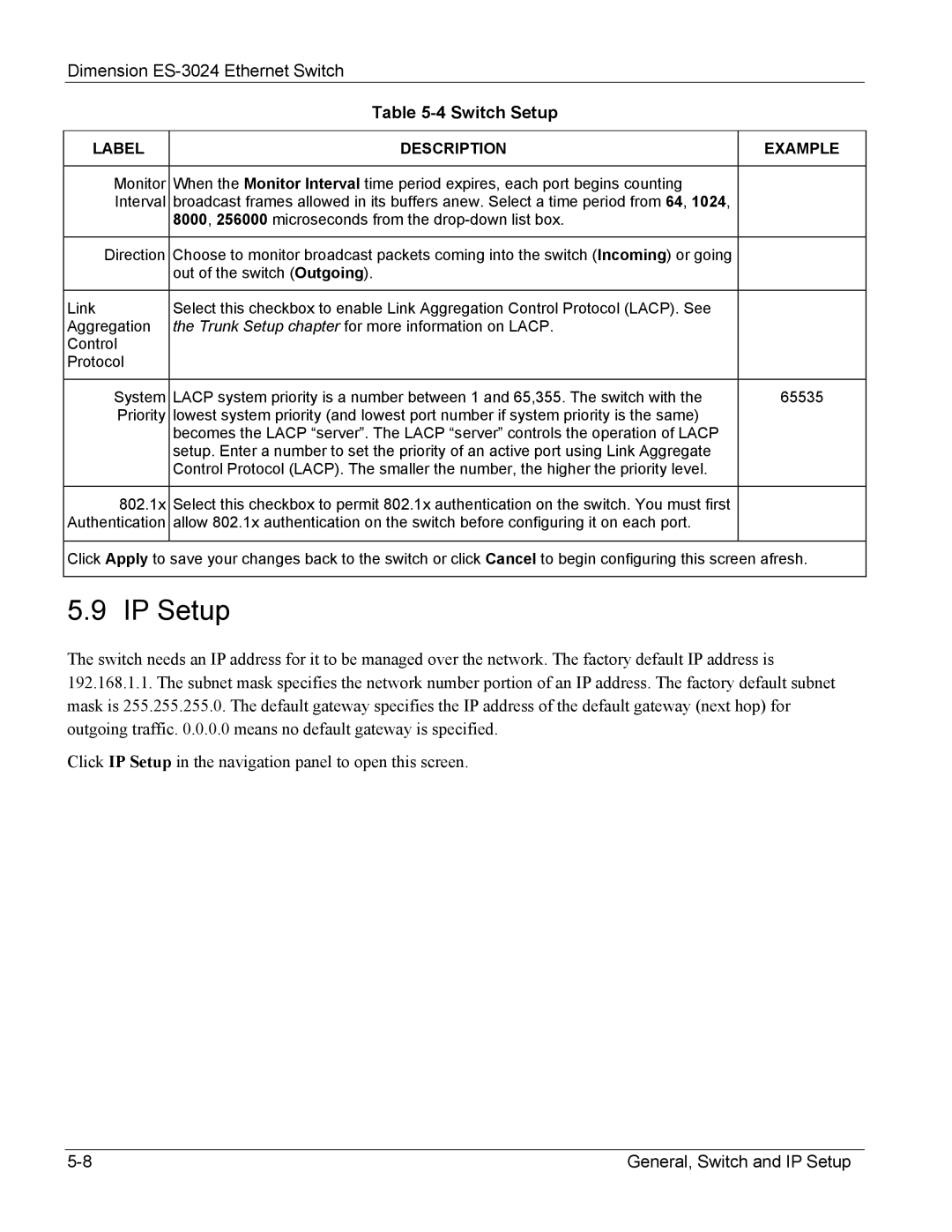 ZyXEL Communications ES-3024 manual IP Setup 