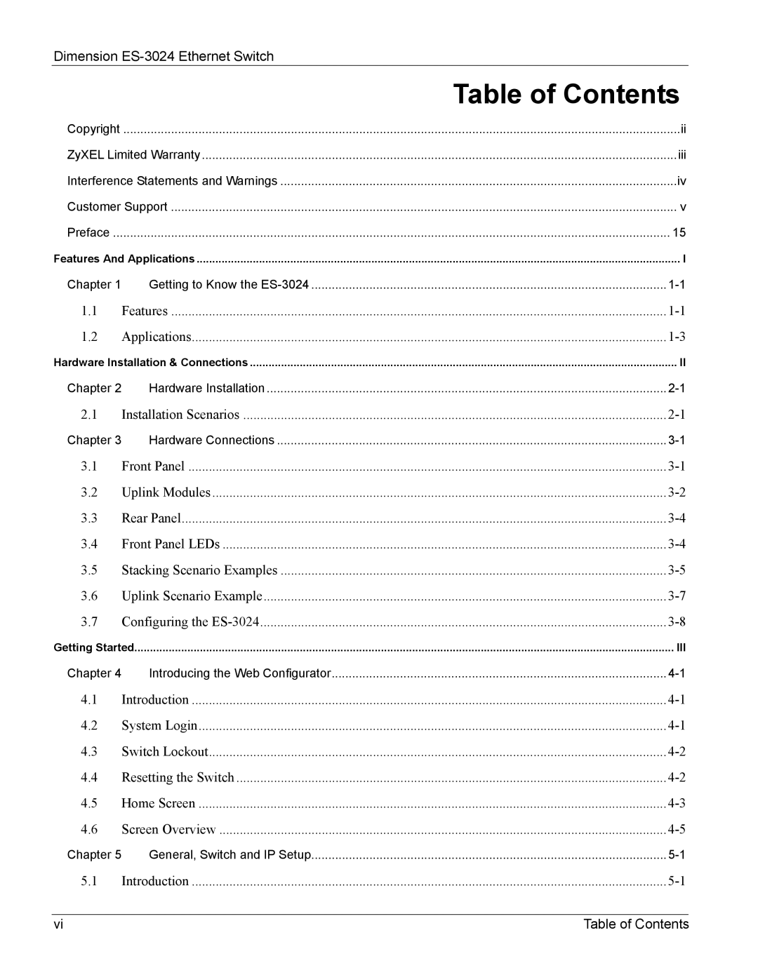 ZyXEL Communications ES-3024 manual Table of Contents 