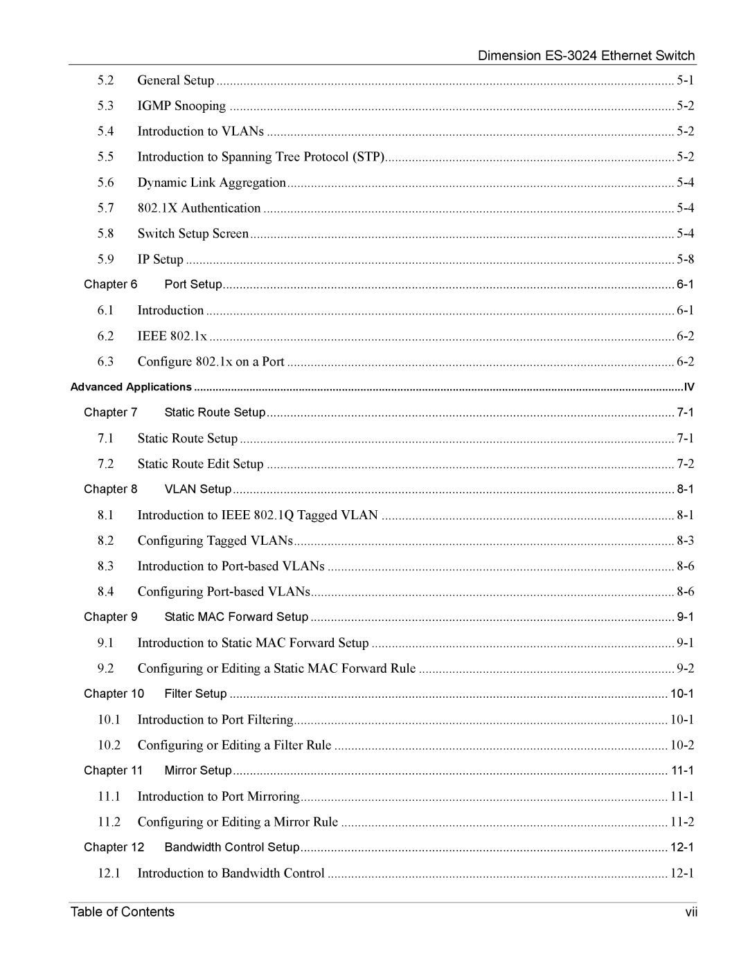 ZyXEL Communications ES-3024 manual Table of Contents Vii 