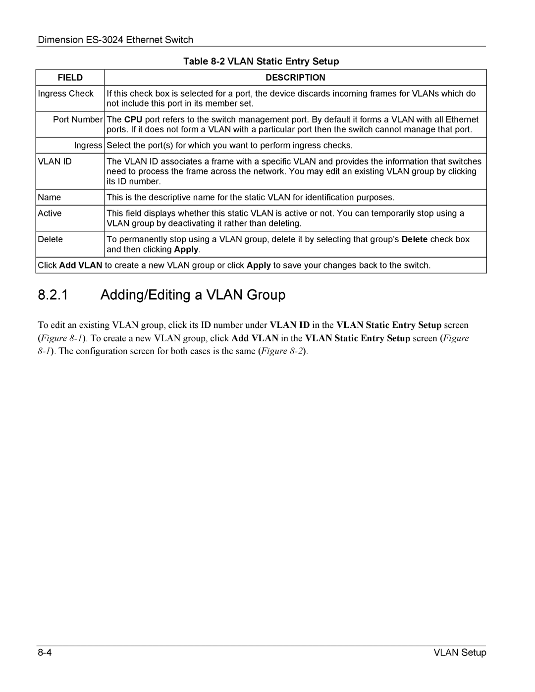 ZyXEL Communications ES-3024 manual Adding/Editing a Vlan Group 