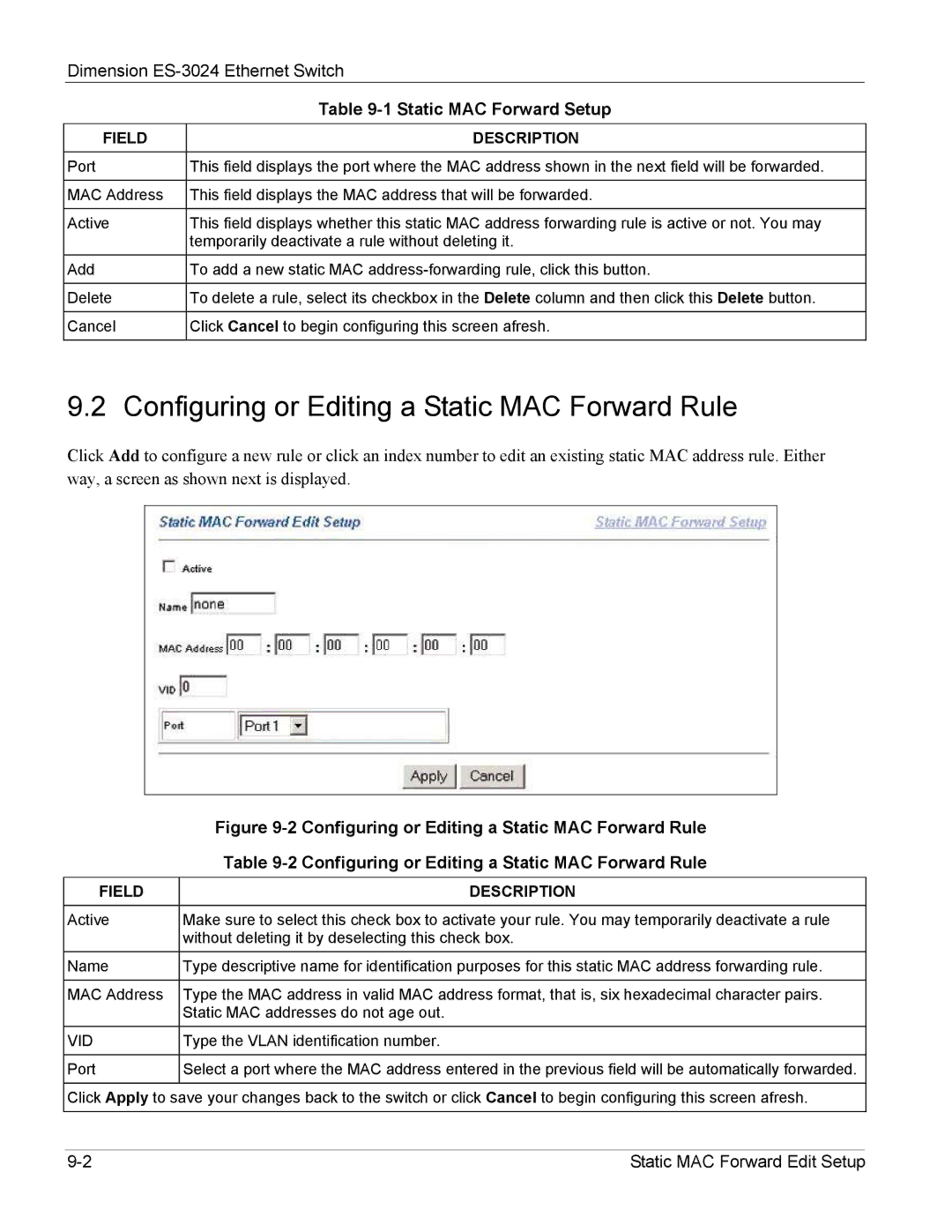 ZyXEL Communications ES-3024 manual Configuring or Editing a Static MAC Forward Rule, Vid 