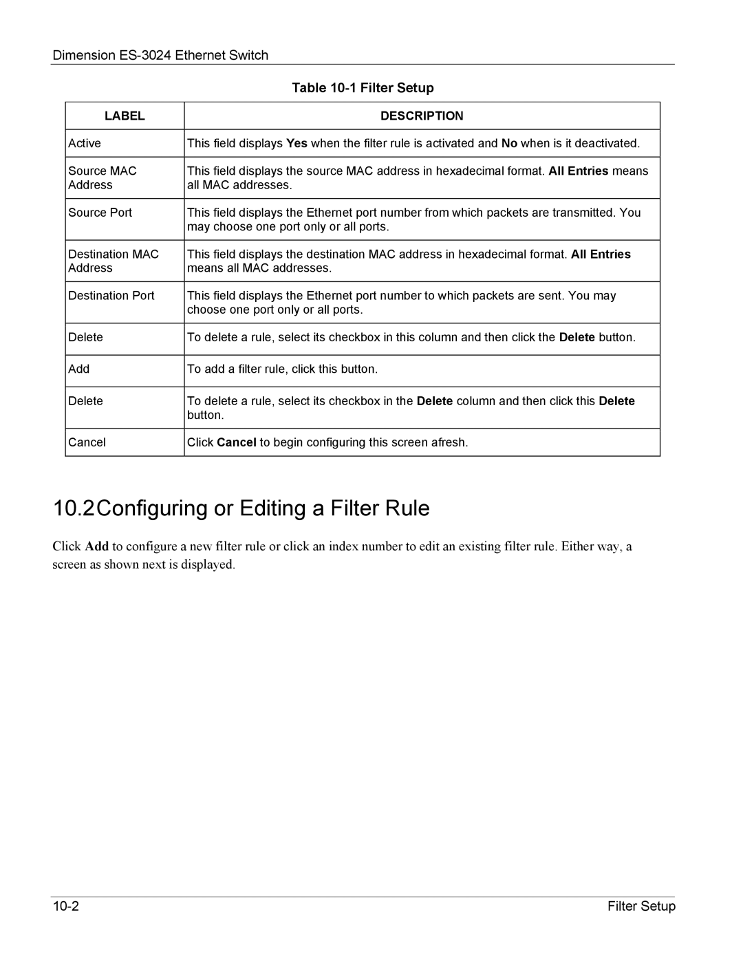 ZyXEL Communications ES-3024 manual 10.2Configuring or Editing a Filter Rule 