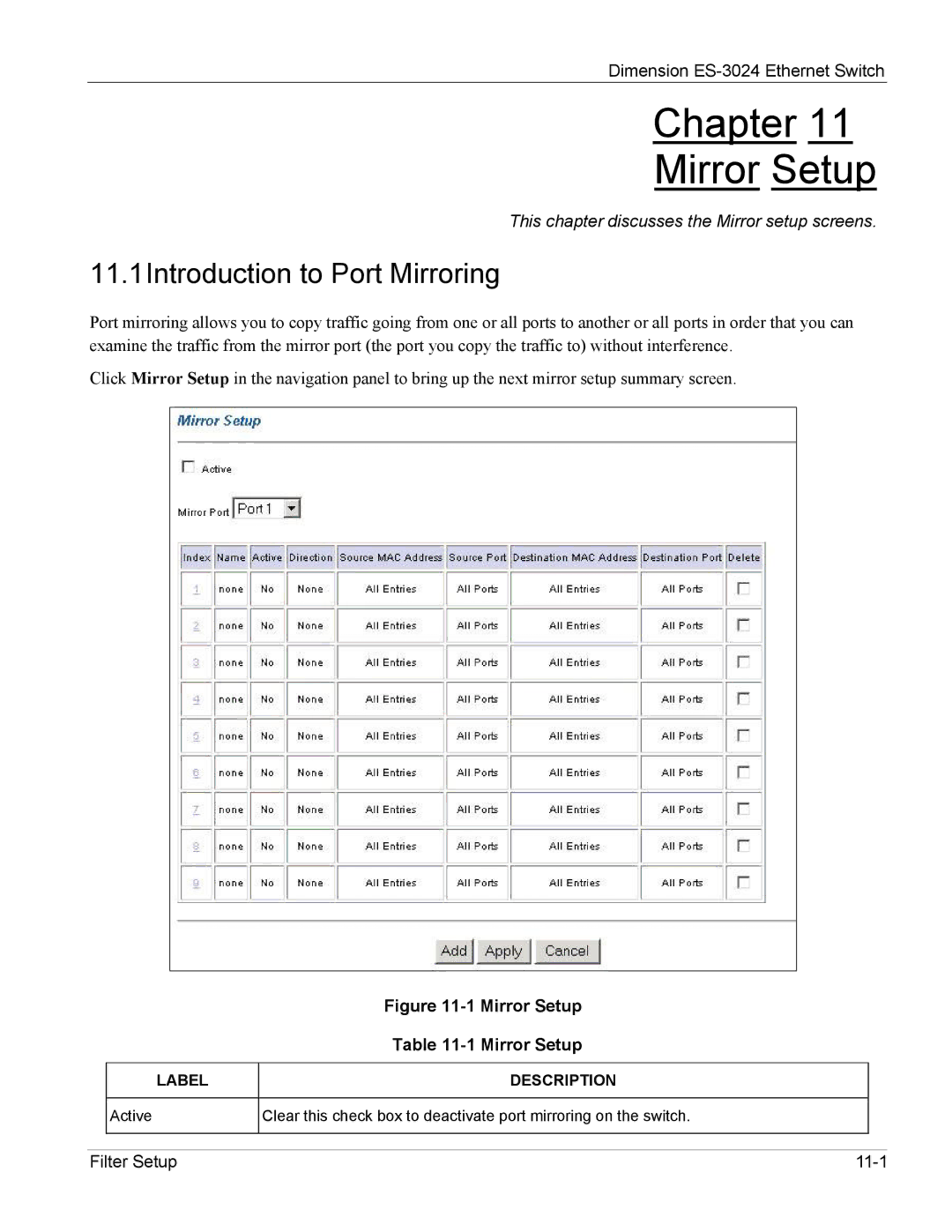 ZyXEL Communications ES-3024 manual Chapter Mirror Setup, 11.1Introduction to Port Mirroring 