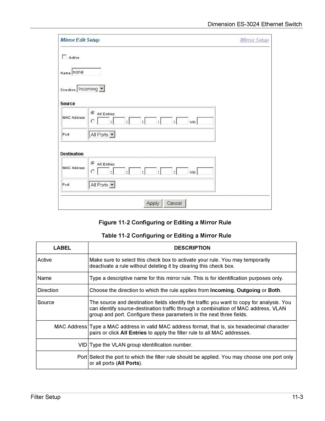 ZyXEL Communications ES-3024 manual Configuring or Editing a Mirror Rule 