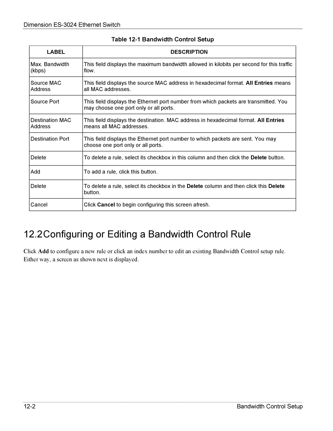 ZyXEL Communications ES-3024 manual 12.2Configuring or Editing a Bandwidth Control Rule 