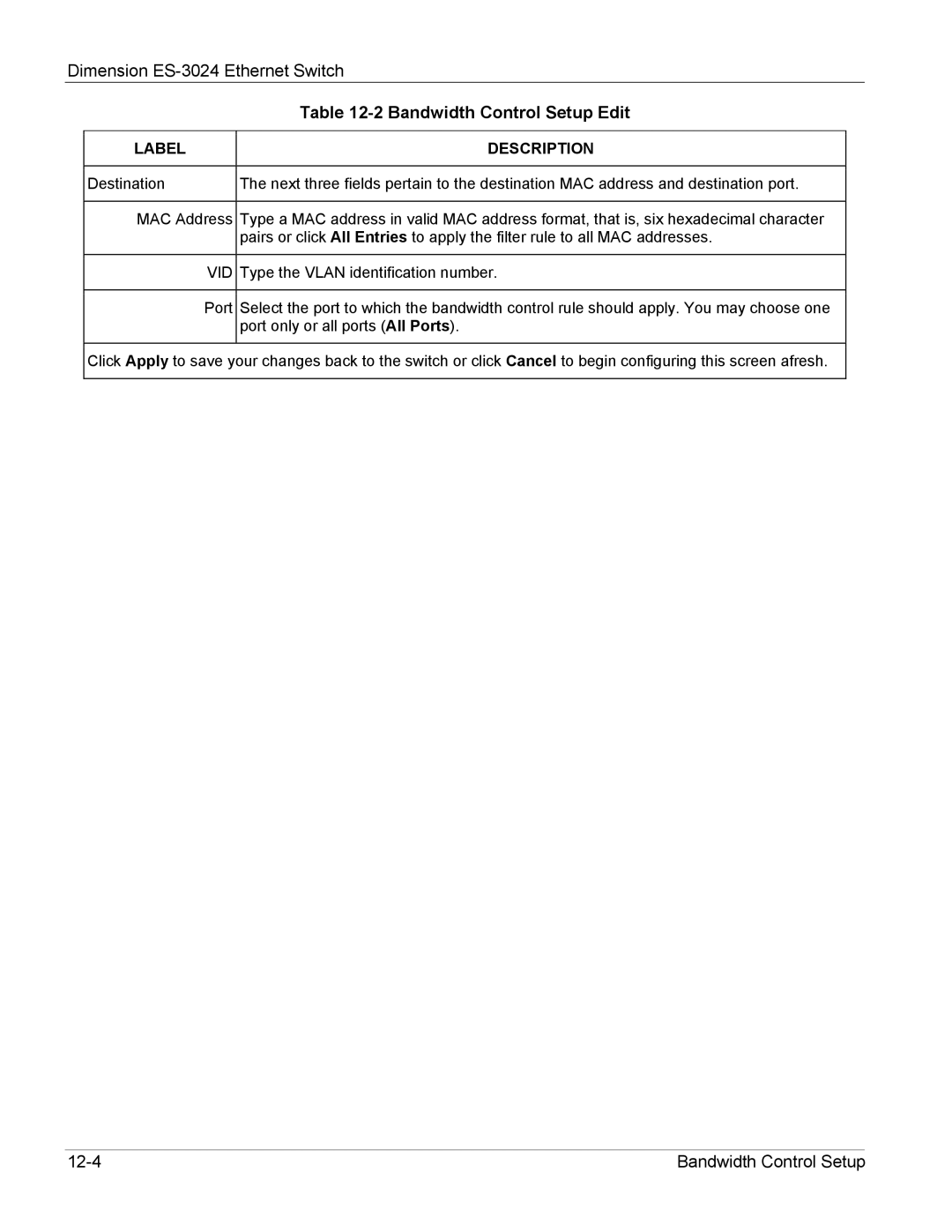 ZyXEL Communications ES-3024 manual Bandwidth Control Setup 