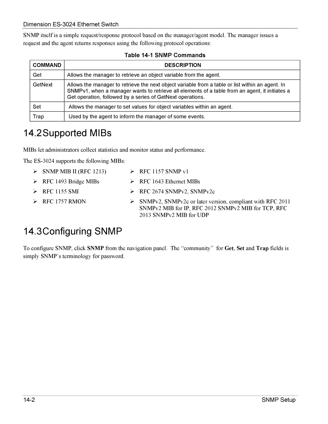 ZyXEL Communications ES-3024 manual 14.2Supported MIBs, 14.3Configuring Snmp, Snmp Commands 