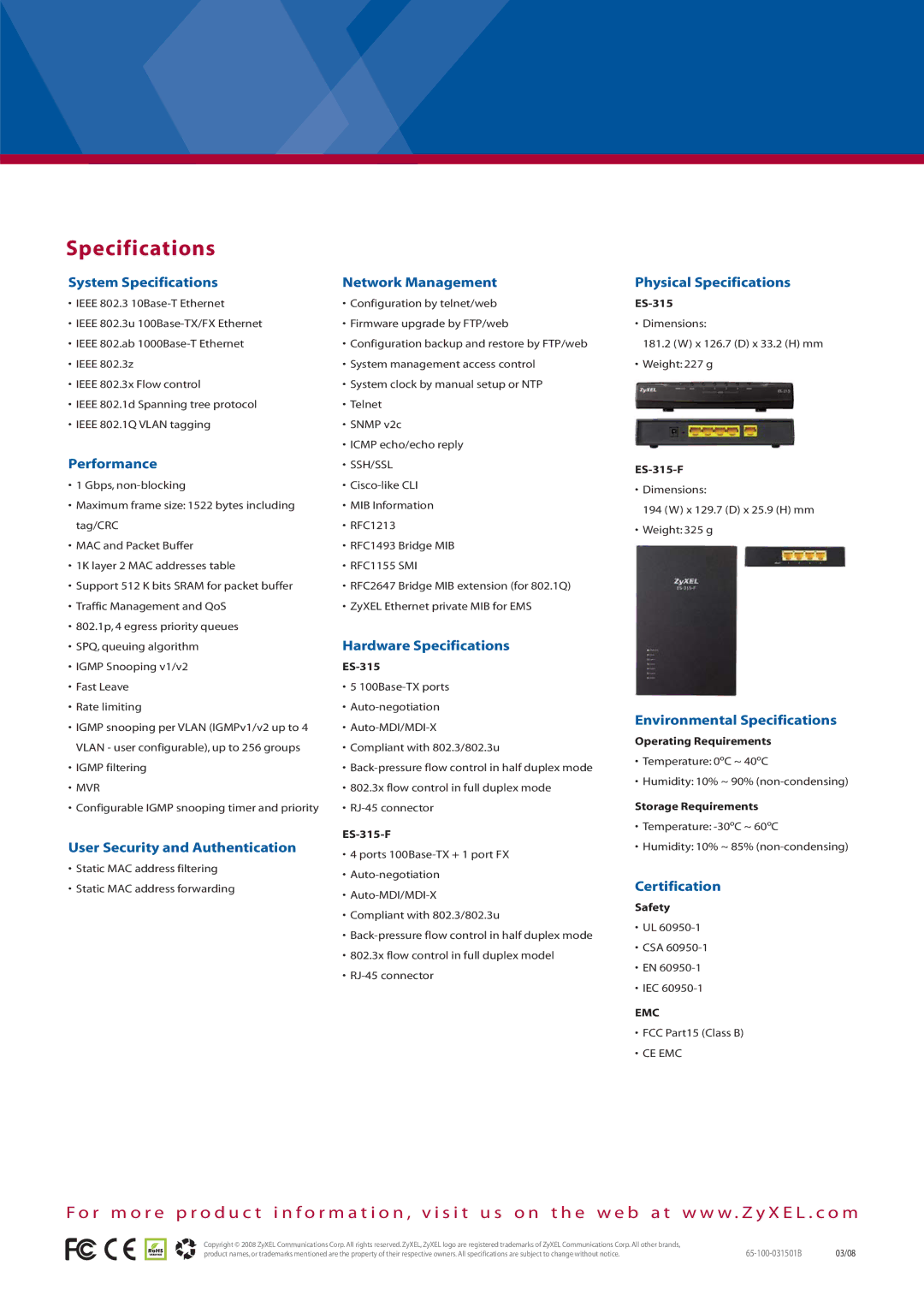 ZyXEL Communications ES-315-F manual Specifications 