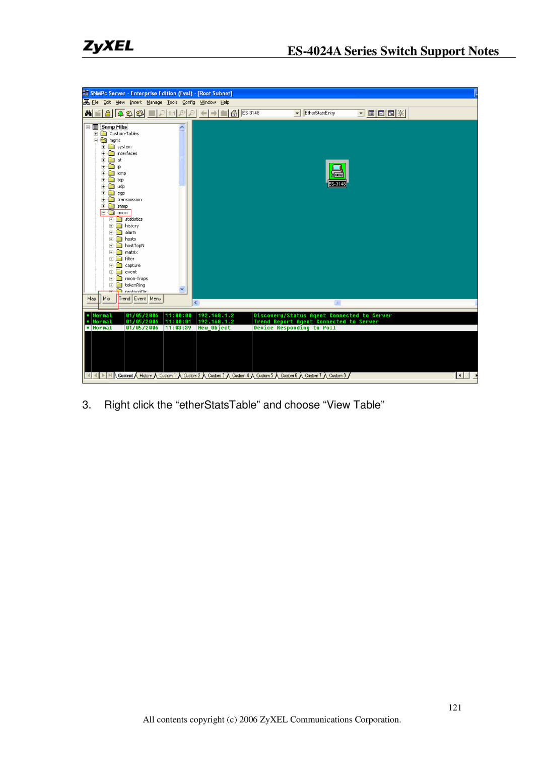ZyXEL Communications ES-4024A manual Right click the etherStatsTable and choose View Table 