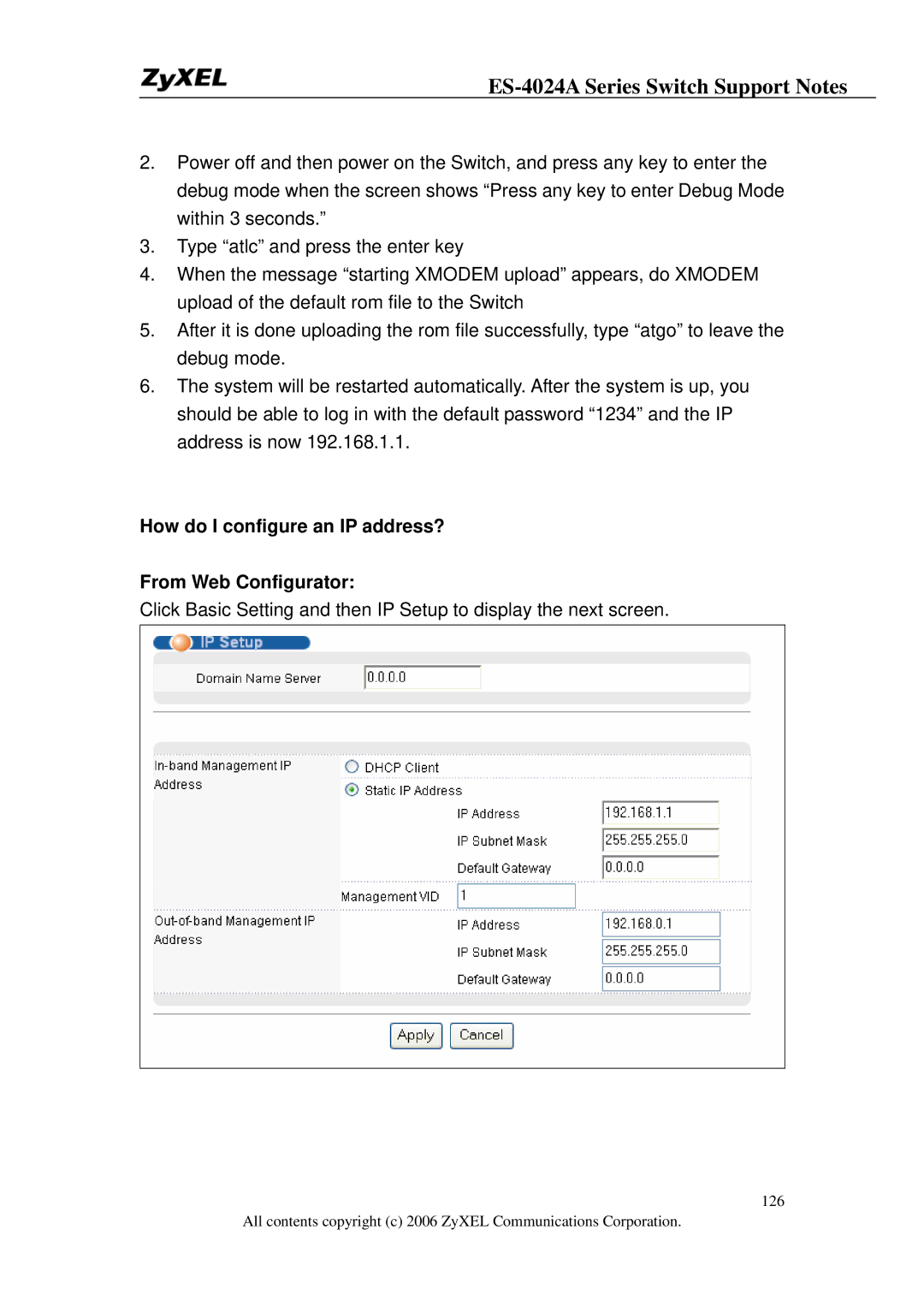 ZyXEL Communications ES-4024A manual How do I configure an IP address? From Web Configurator 