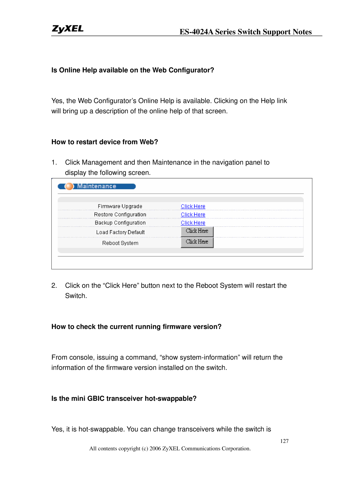 ZyXEL Communications ES-4024A manual Is Online Help available on the Web Configurator?, How to restart device from Web? 