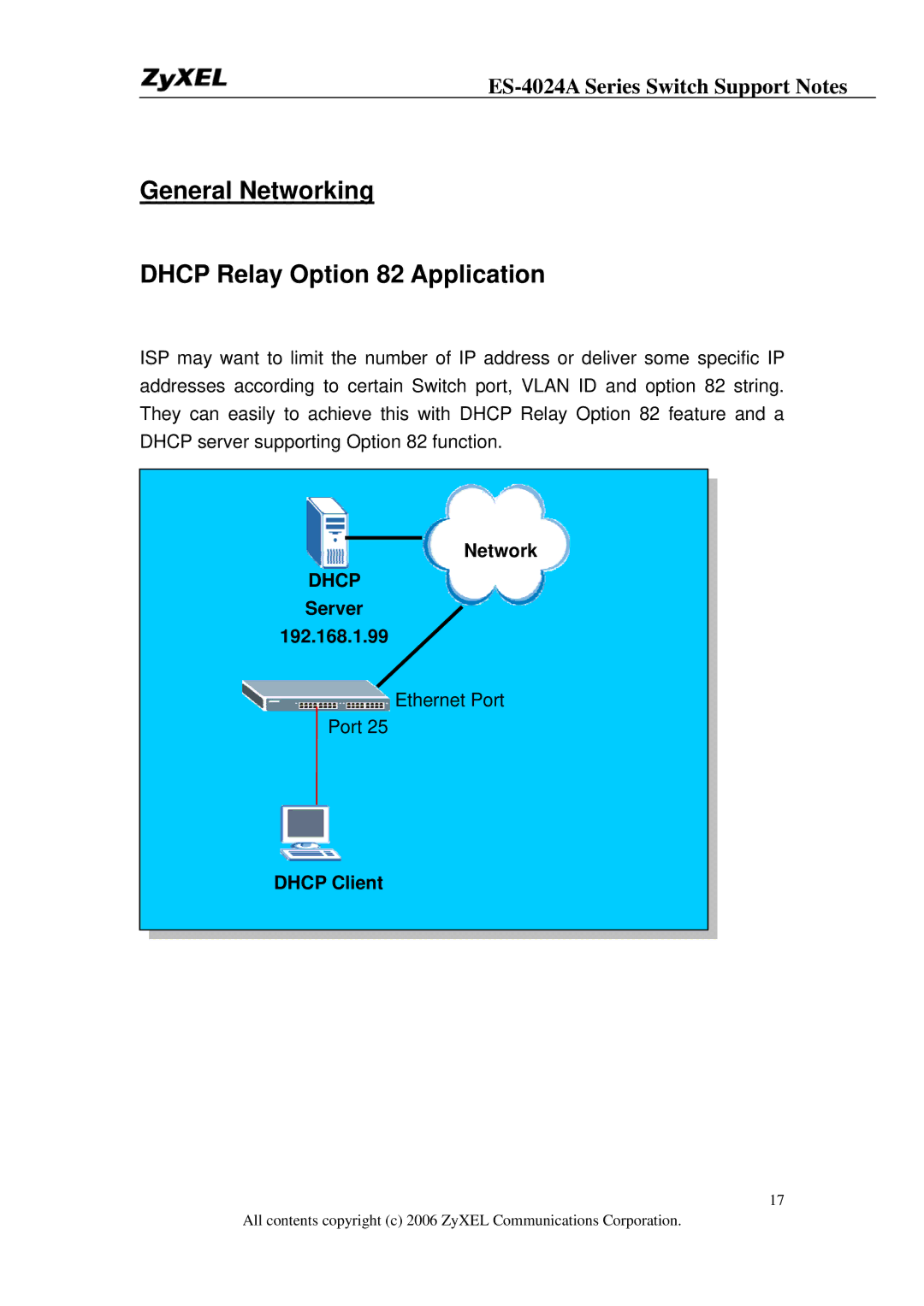 ZyXEL Communications ES-4024A manual General Networking Dhcp Relay Option 82 Application, Server 192.168.1.99, Dhcp Client 